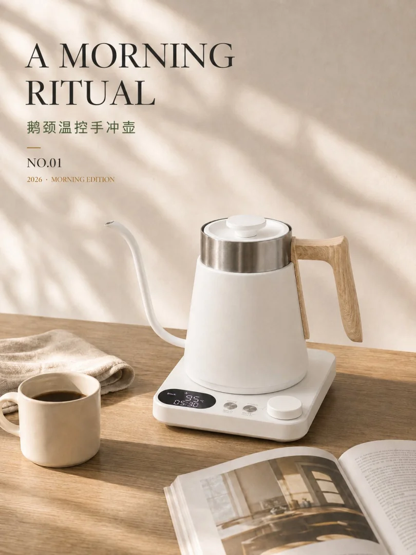 W856 gooseneck kettle enters Japan: PSE certified, wood grain finish, 100% inspected